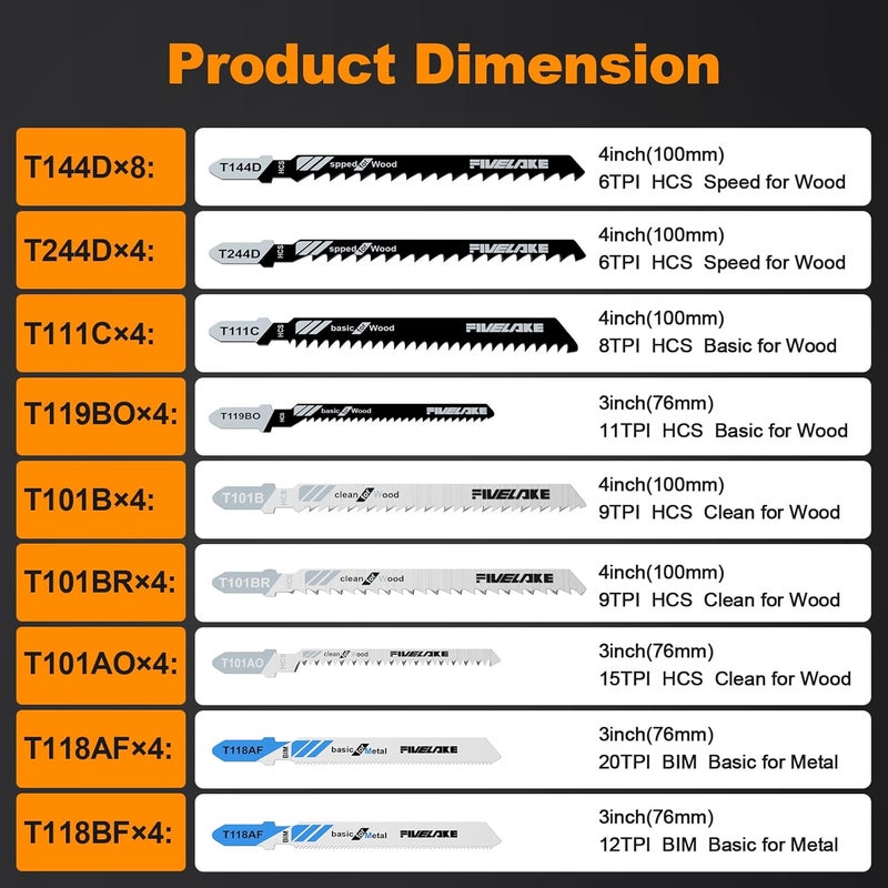 FIVELAKE T-Shank Jigsaw Blades Set with Case, 40Pcs Assorted Replacement Jigsaw Blades for Wood, Plastic and Metal Cutting (T118AF, T118BF, T101AO, T119BO, T101B, T101BR, T111C, T244D, T144D) - Image 2